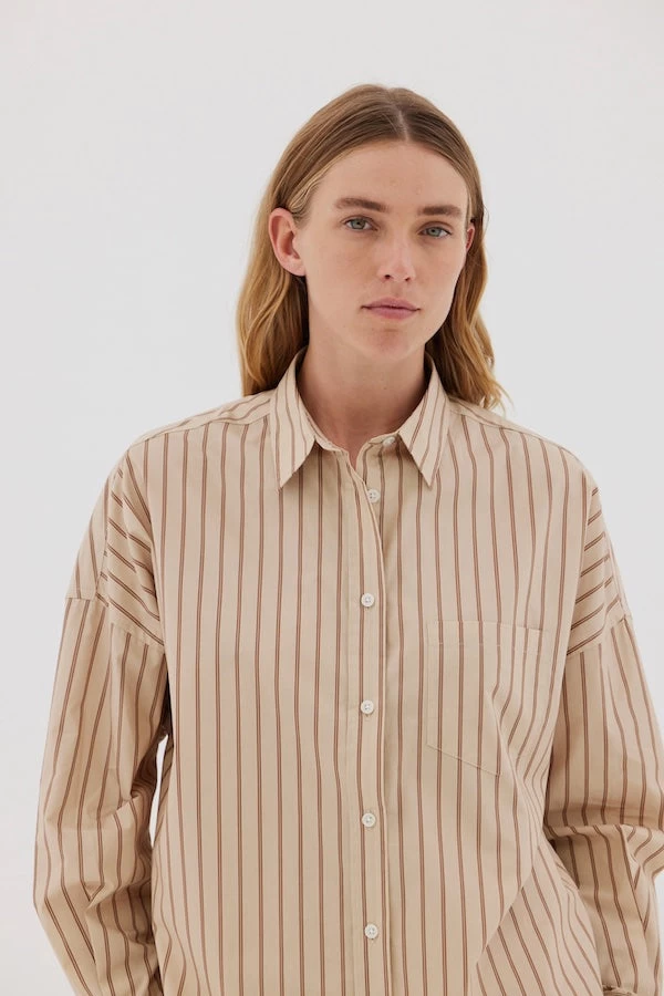Chiara Shirt Mid-Length Stripes Oat/Nutshell 4 Chiara Shirt Mid-Length Stripes Oat/Nutshell - Image 2
