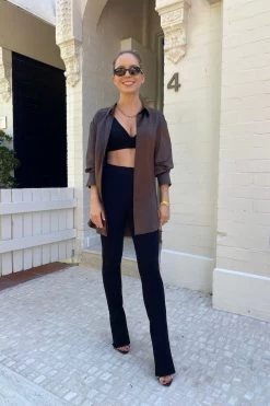 Relaxed Silk Boy Shirt Brown -Chic Boutique Shop IMG 4696