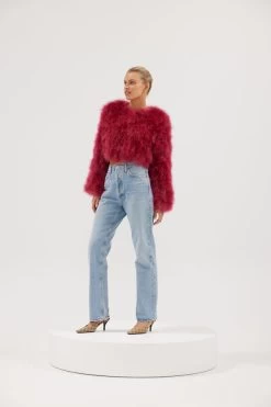 Manhattan Feather Jacket Raspberry -Chic Boutique Shop ManhattanCropJacket Raspberry 03