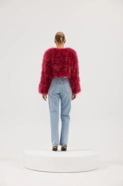 Manhattan Feather Jacket Raspberry -Chic Boutique Shop ManhattanCropJacket Raspberry 04