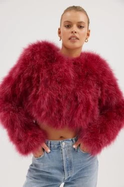 Manhattan Feather Jacket Raspberry -Chic Boutique Shop ManhattanCropJacket Raspberry 05