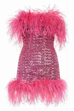 OSEREE Paillettes Plumage Mini Dress Rose -Chic Boutique Shop PMF235 RASPBERRY
