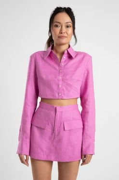 Cropped Structured Shirt Fuchsia -Chic Boutique Shop fuchsia linen 1965