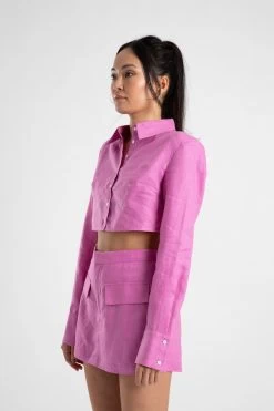 Cropped Structured Shirt Fuchsia -Chic Boutique Shop fuchsia linen 1966